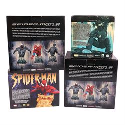 Four Spider-Man busts, comprising Sideshow Collectibles Spider-Man 3 Black Suited Spider-Man and classic Spider-Man, Diamond Select Toys Goblin bust and a Diamond Select Toys Art Asylum Spider-Man Sandman battle, all boxed