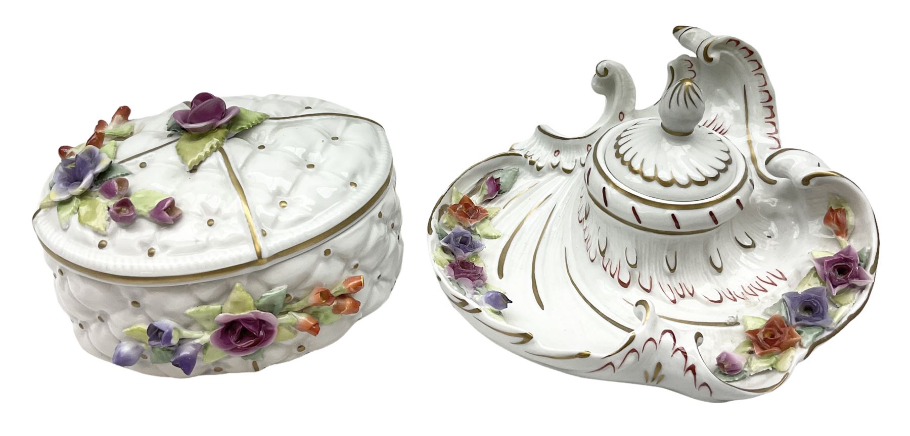 Late 20th century Von Schierholz Germany desk stand with ink well, and lidded oval box, both with encrusted flowers and gilding, with stamped marks beneath, desk stand L16cm