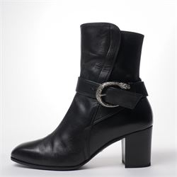 Gucci - pair of Dionysus ankle black leather boots with block heels, with signature silver tone tiger head buckle fastening and full length zip, size 37½, total boot height 24cm, with original box and dust bags