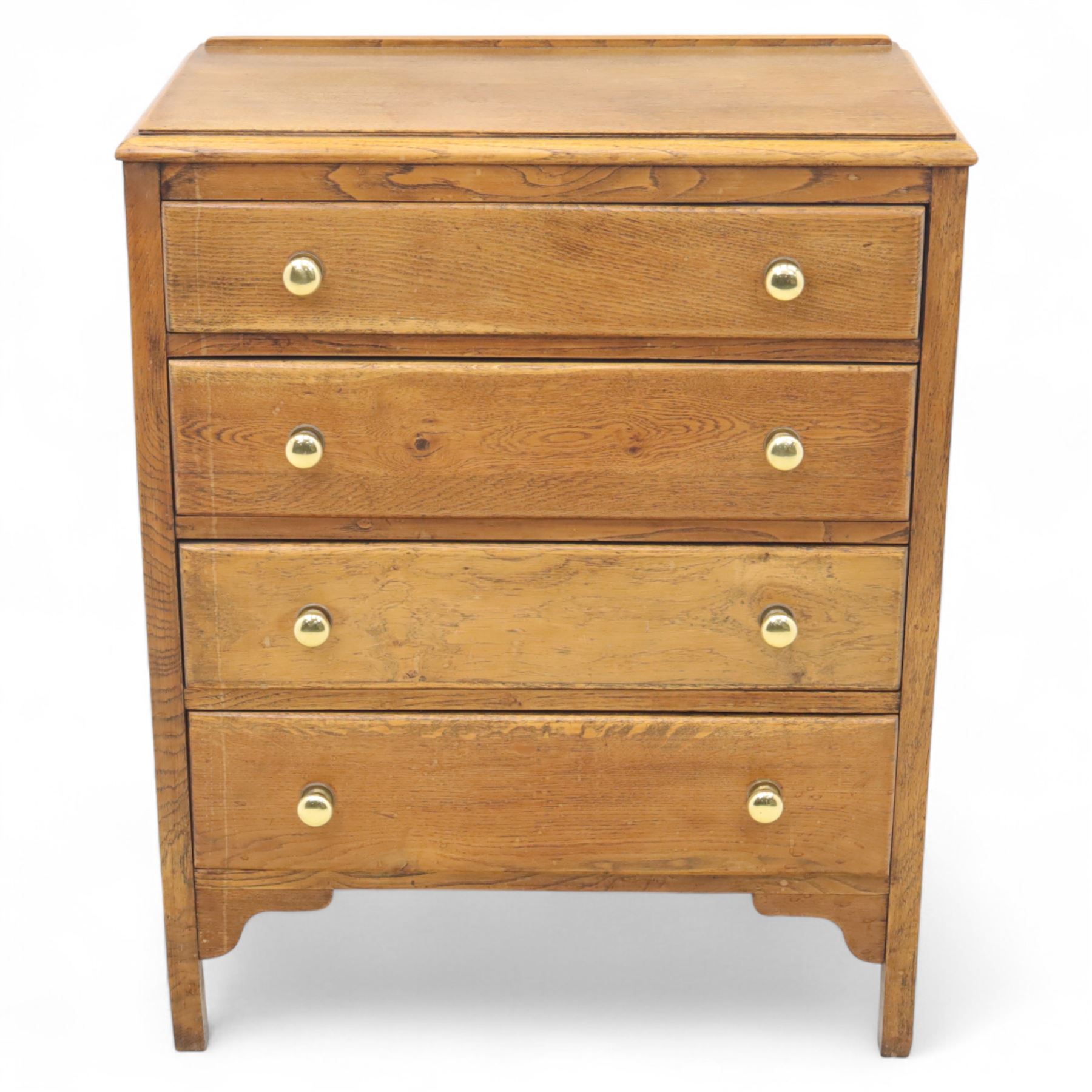Mid-20th century elm chest, fitted with four long drawers with brass knop handles, the rectangular top with moulded edge, raised on bracket feet