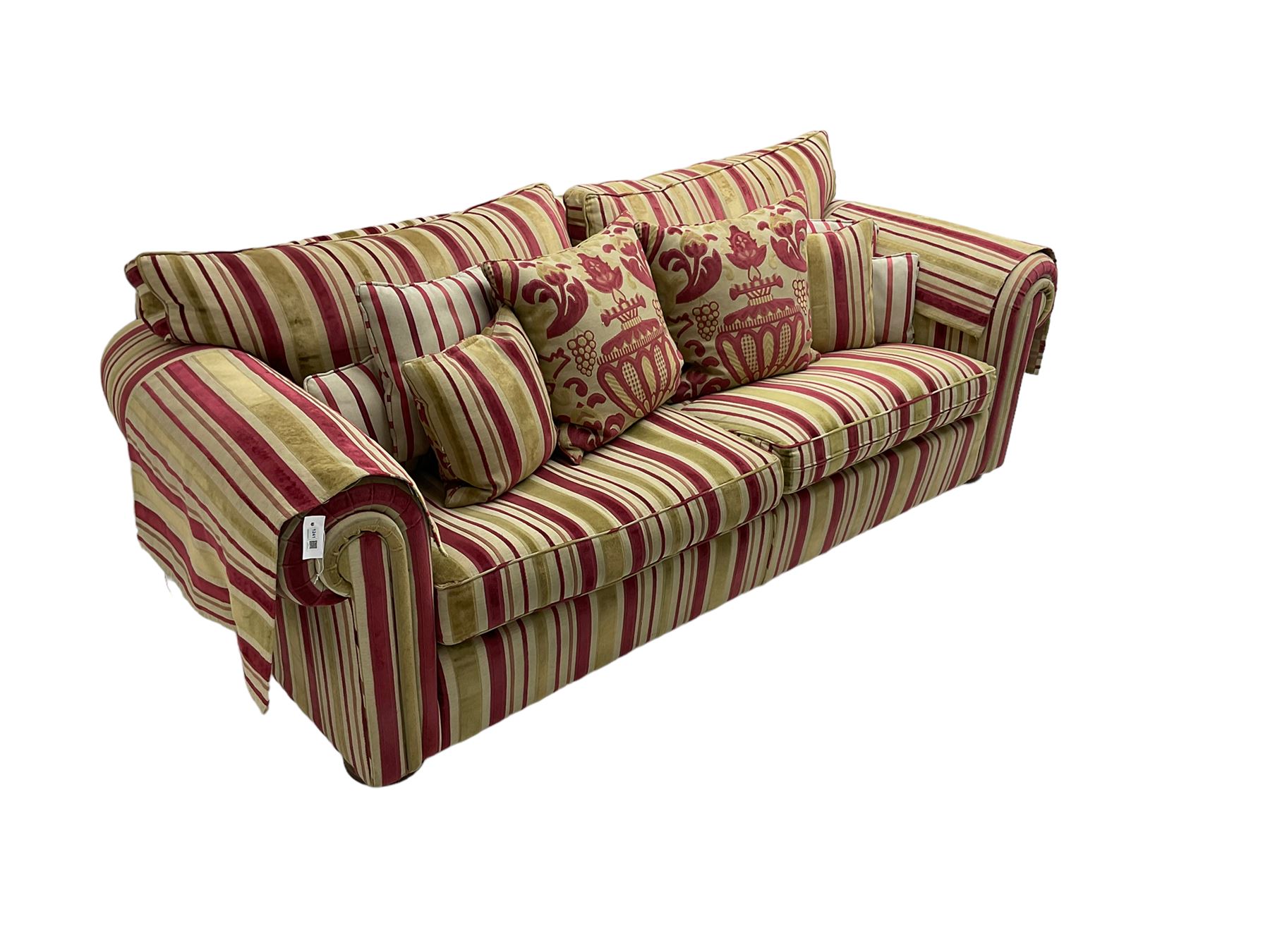 Duresta - 'Waldorf' large three seat sofa, upholstered in multi-colour striped fabric, on compressed bun feet