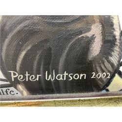 Peter Watson (British 1946-): 'Farewell to the Boulevard 1895-2002', oil on canvas signed and dated 2002, 65cm x 115cm; together with a colour print of the same picture 35cm x 50cm (2) 
Notes: this picture shows Hull FC v Bradford Bulls in the last Super League game at the Boulevard on Friday 20th September 2002, kick off at 8pm. The score was Hull FC 18 Bradford Bulls 32.