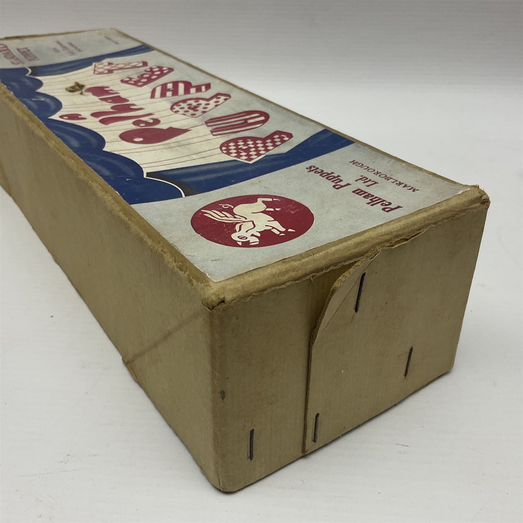 Pelham Puppet - a rare type SM Harlequin circa 1950s with painted black face mask, black felt hat, green ruff and red white chequered suit, H31cm; in original box with instructions 