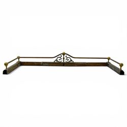 Three 20th century brass fenders, two with pierced Art & Crafts design rails, largest W156cm, D 45cm 