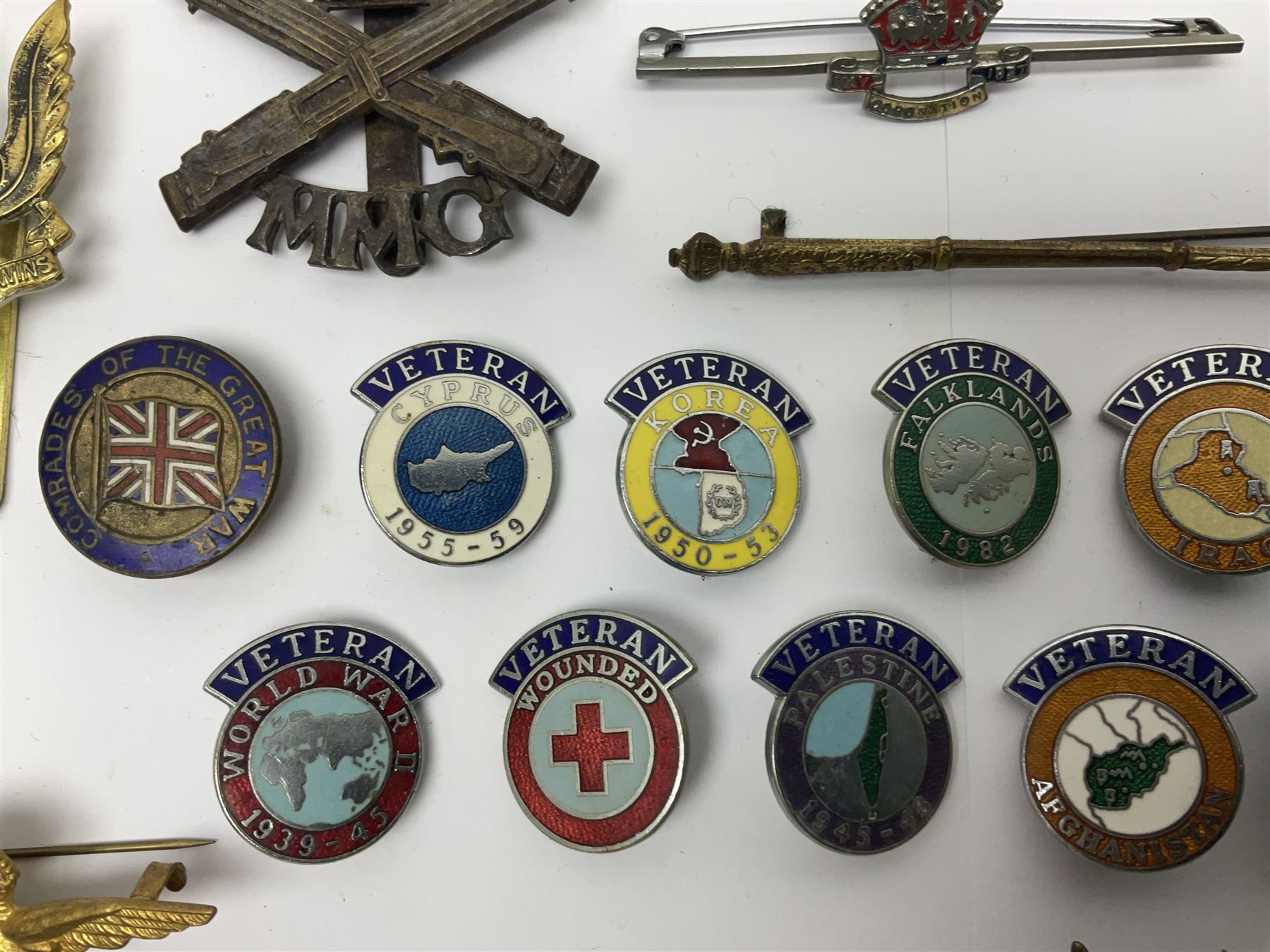 Two Edwardian hallmarked silver presentation fobs for military bugling competitions; and quantity of cap/glengarry and other badges, sweetheart brooches etc