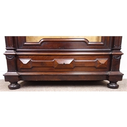  Large late 19th century French rosewood and walnut cabinet, turned finial with carved ribbon swags, scrolled pediment above turned balustrade, bevelled glazed door enclosing oak and birds eye maple interior, four adjustable shelves and drawer, single drawer to base, quarter veneers sides and panelled back, turned feet, W113cm, H252cm, D53cm  