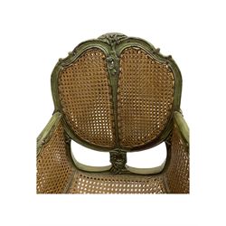 19th century French Louis XV-design armchair, carved and painted wood frame, caned back and seat with scrolled arms, supported by cabriole supports with acanthus leaf decoration