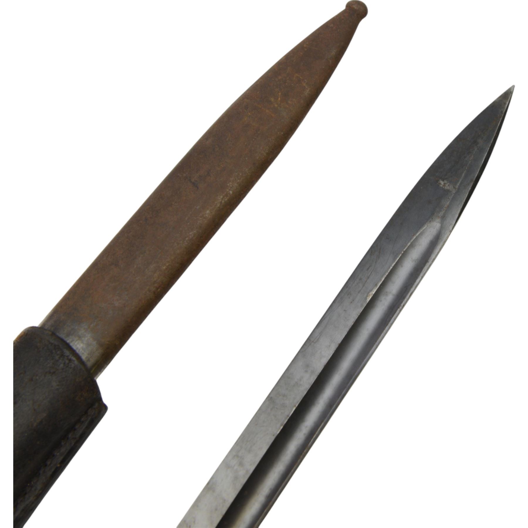 WWII German bayonet marked S/174, in scabbard, with leather frog, the frog marked H. Glemen Elberfeld 1938, together with another German bayonet and frog  