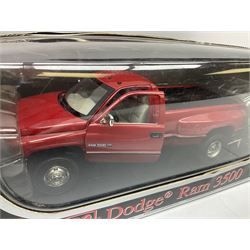 Five Anson 1:18 scale models - limited edition Cadillac Escalade 2002; Dodge Ram 3500; 1963 Ford Thunderbird; Saab 900 Turbo Cabriolet; and Ferrari Dino 246GT; all boxed (5)