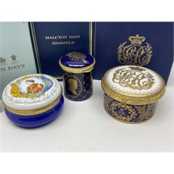 Five Halcyon Days Royal commemorative enamel boxes and one other similar enamel box, including two gilt examples depicting the Queen and Prince Philip in profile, to commemorate their 80th ad 85th birthdays respectively, all boxed, largest D6.5cm