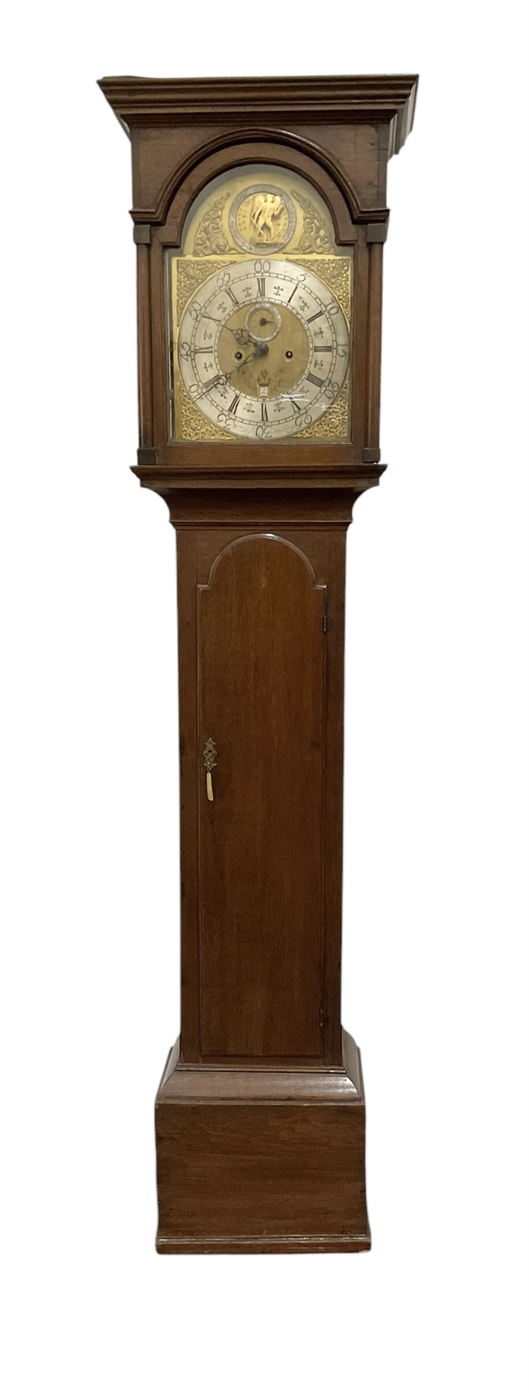 William Todd of Scarborough - early 18th century 8-day oak cased longcase clock c1730, with a flat top and deep cornice to the pediment, glazed side windows and a break arch hood door beneath with attached pilasters, long trunk door with an arched top on a reduced plinth with applied skirting, brass dial with cast spandrels and a father time automata to the arch, silvered chapter with Roman numerals and five minute Arabic's, quarter-hour and minute track,  plain dial centre with engraving and ringed winding holes, seconds dial and date aperture, movement pinned directly to an internal countwheel striking movement, striking the hours on a vertical bell. With pendulum and weights. 
William Todd is recorded as working in Scarborough 1720-d.1752..
