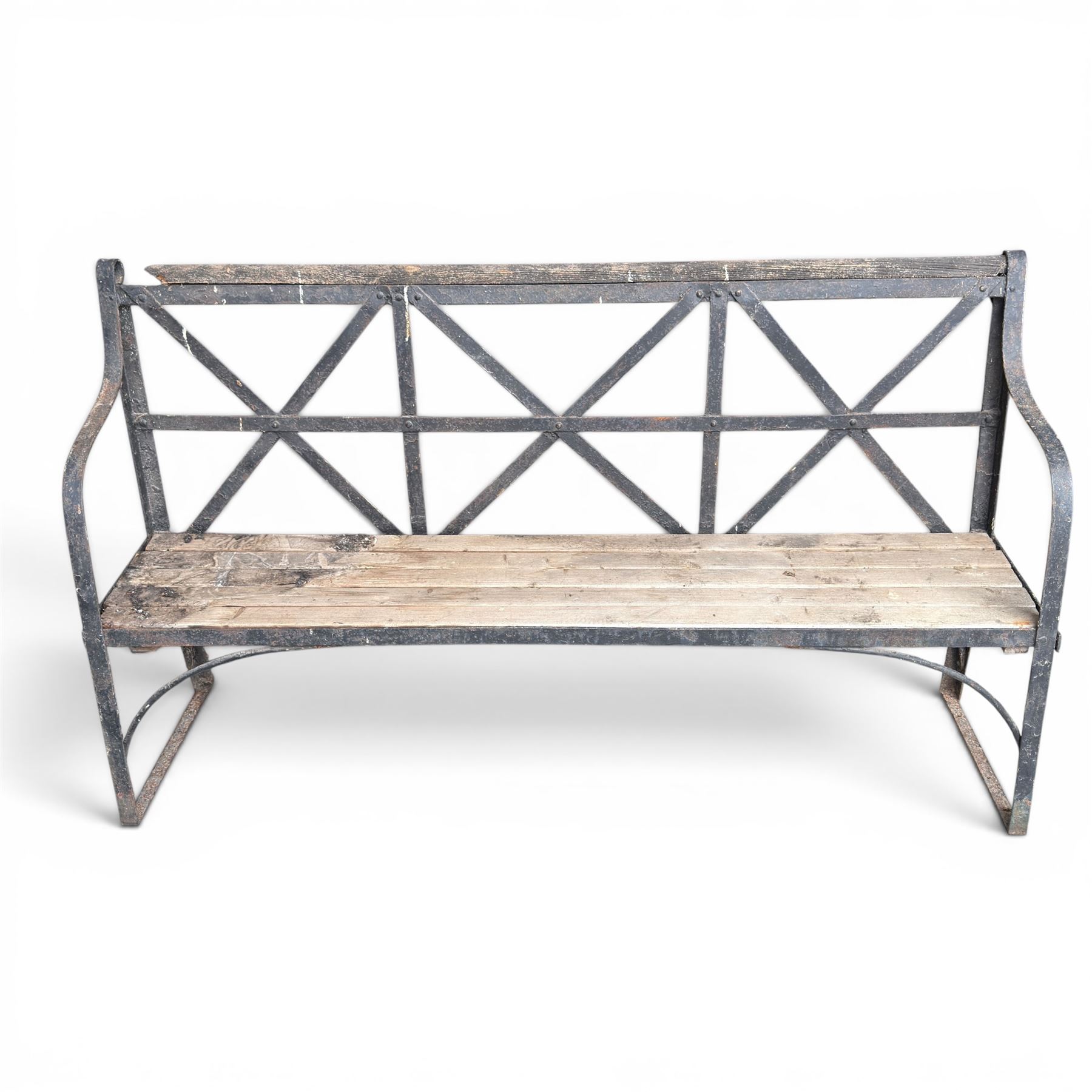 19th century and later Estate made wrought iron strapwork garden bench, the weathered wooden cresting rail over X-form strapwork back and slatted wooden seat