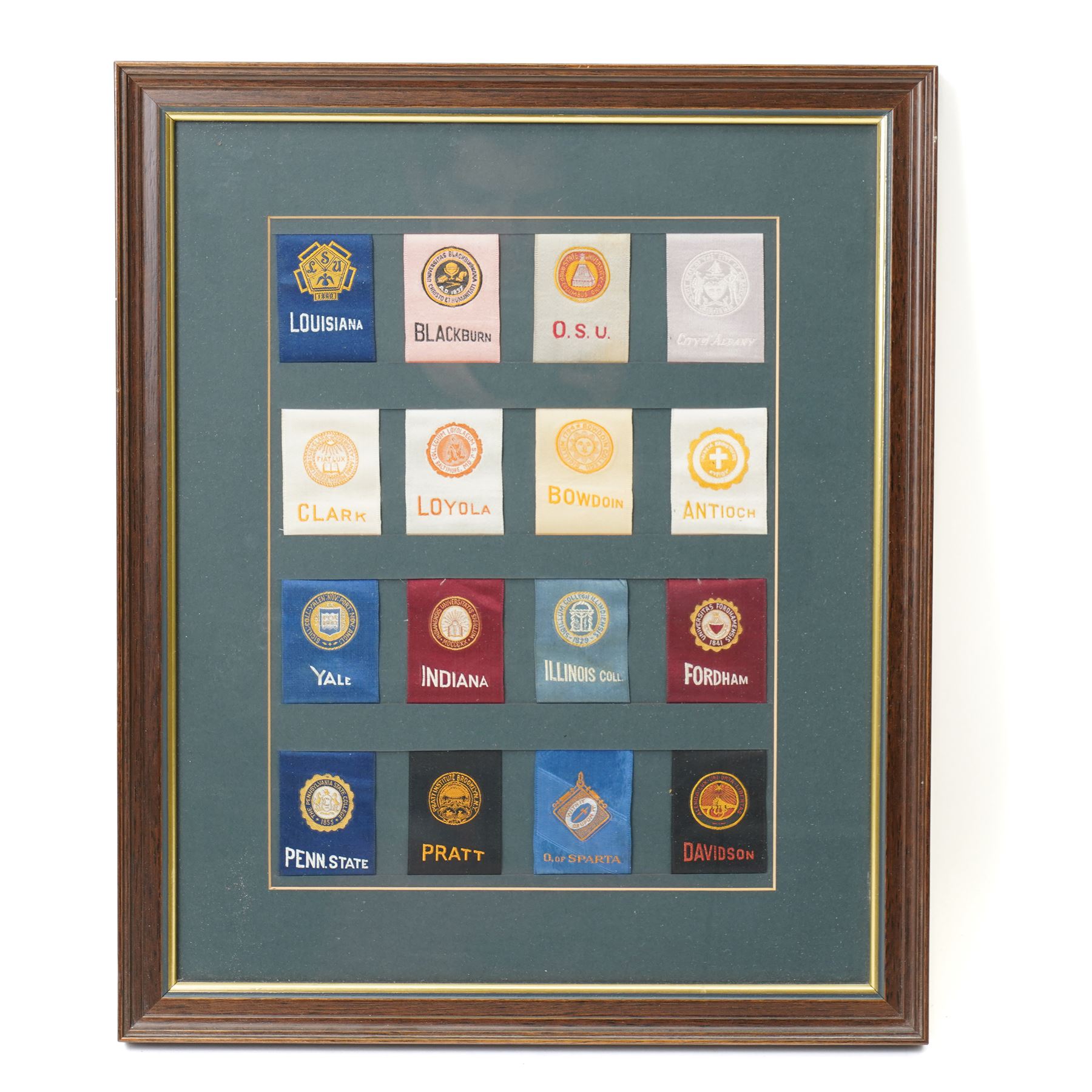 Set of sixty American University cigarette silks in four frames