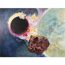 Kenneth Cozens (British 1920-2000): 'The Approach of the Black Planet', oil on board signe...