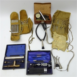  Medical Equipment - The 'Barton' Sphygmomanometer, Hamblin Ophthalmoscope, Everready Otoscope, Sharp & Smith Surgeons kit and WWII filed medical kit, Stethoscopes etc   