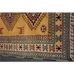  Turkish blue ground rug, geometric pattern field, repeating border, 205cm x 160cm  