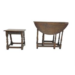 17th century design oak coffin or joint stool, rectangular top over lunette carved frieze rail, raised on turned supports (W46cm D26cn H45cm); and 19th century small oak drop-leaf gateleg table, circular top raised on turned supports (W80cm H67cm)