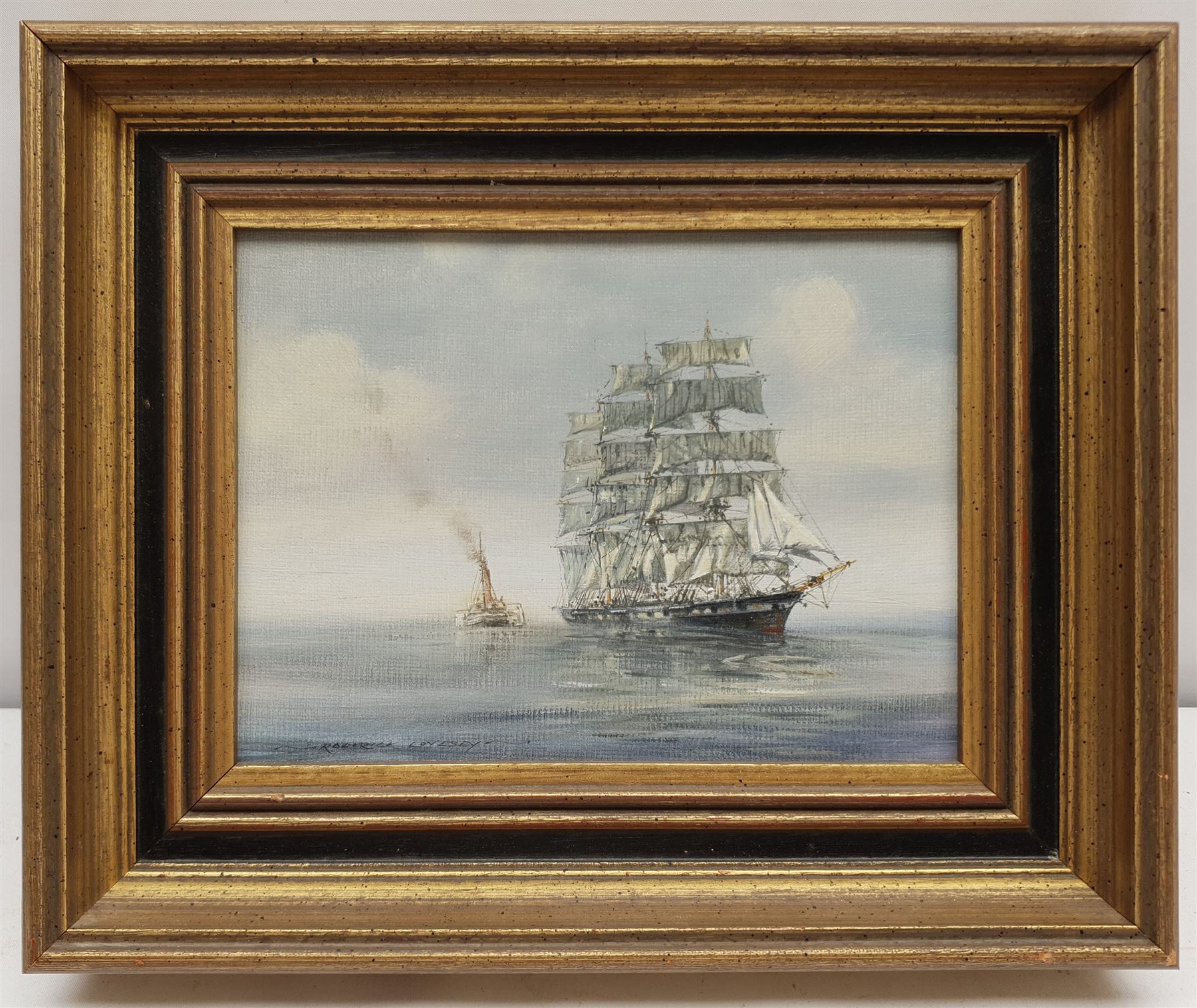 Roderick Lovesey (British 1944-2002): Clipper in Full Sail followed by a Steam Tug, oil on board signed 14cm x 19cm