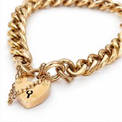 Early 20th century gold curb link chain bracelet with heart padlock clasp, by  W.H. Wilmot Ltd, stamped 9ct