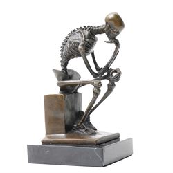Bronze skeleton modelled as 'The Thinker', on black marble base, signed 'Milo' to plinth, H14cm