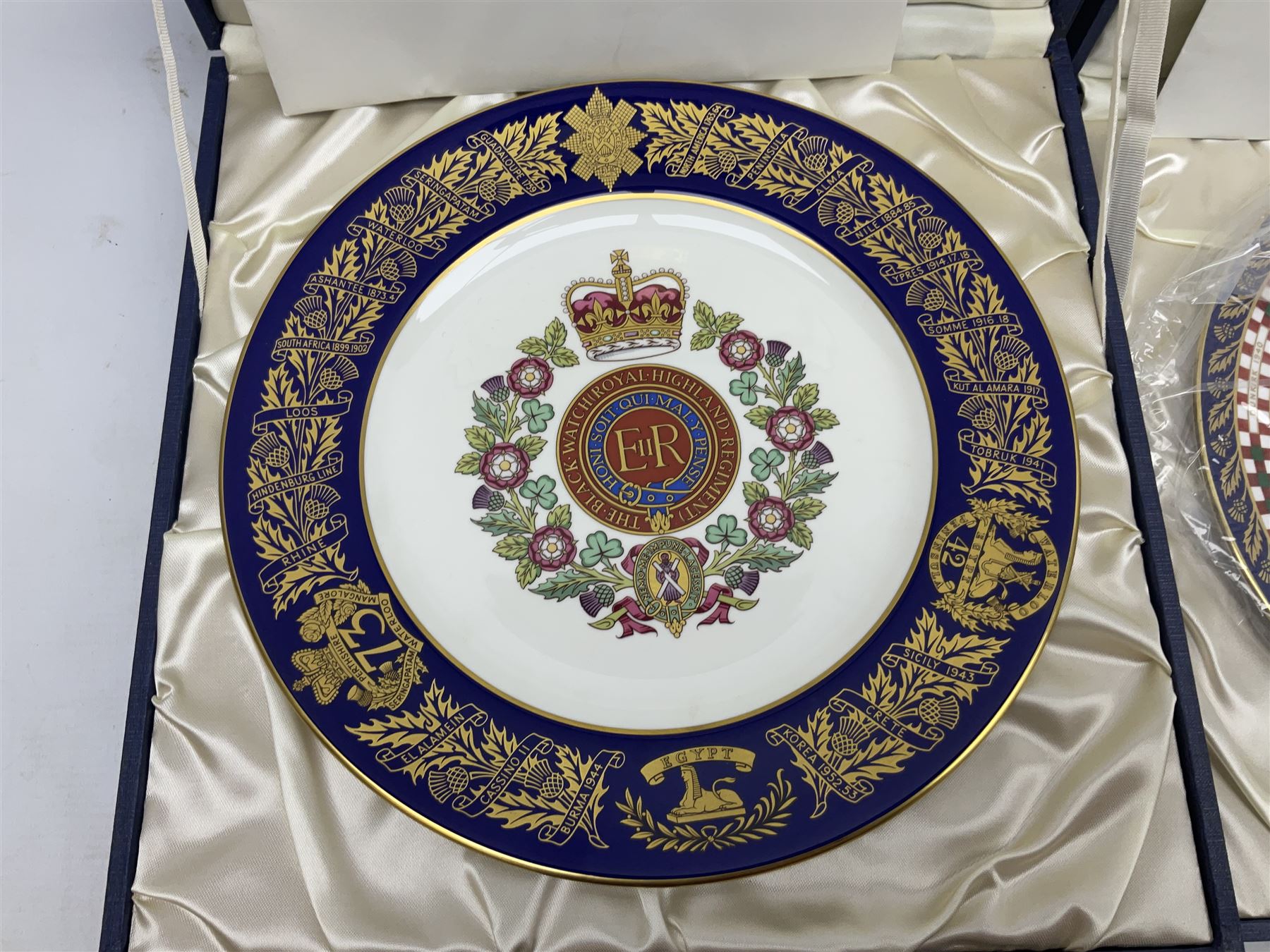 Five Spode Mulberry Hall limited edition Regimental commemorative plates - Argyll & Sutherland Highlanders No.9/500; Cheshire Regiment No.352/500; Kings Own Scottish Borderers No.113/500; Black Watch Royal Highland Regiment No.331/500; and Royal Welch Fusiliers No.309/500; all boxed with certificates (5)
