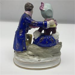 18th century Chelsea figure group, modelled as a couple in period costume, the man kneeling and draping a floral garland across the woman, gold anchor mark to the back, H18cm