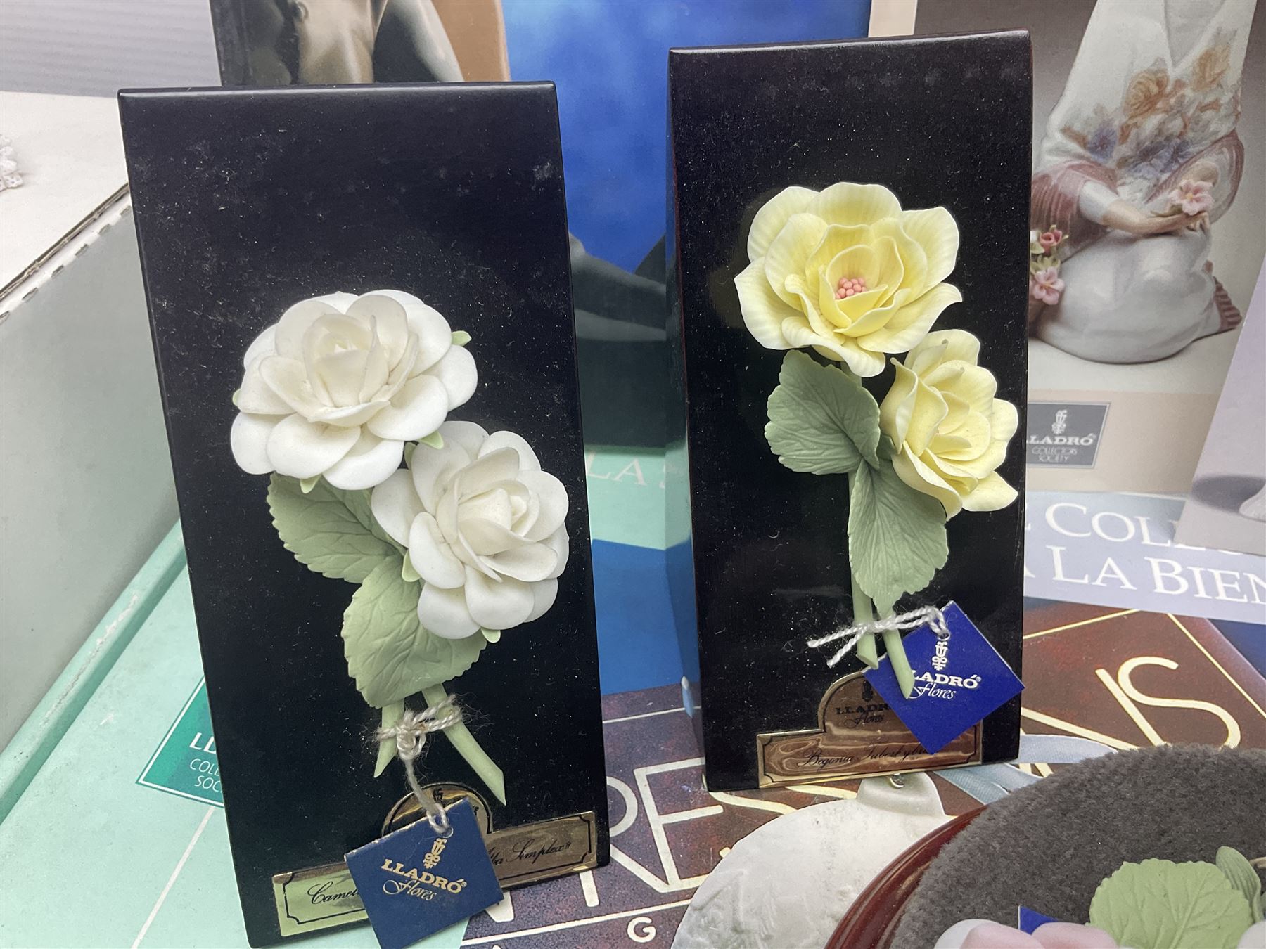 Seven Lladro flowers, comprising Japanese Camelia on base no 5181, Yellow Begonia on base no 5186, Miniature Begonia on base no 5188, Chrysanthemum on base no 5189, California Poppy no 5190.B, Miniature Begonia 5188.B and White Carnation no 5184.B, together with Lladro Spanish Joining pack with 17616 Winter Bell, Additional Lladro parasols and flowers etc 