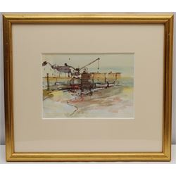 Roland Batchelor RWS (British 1889-1990): 'Pier Guernsey', watercolour and ink unsigned, painted in 1975, 17cm x 24cm 
Provenance: artist's studio; collection of Grant Waters; with Louise Kosman, Edinburgh; then with the Ariel Gallery, Lavenham, where purchased by the vendor