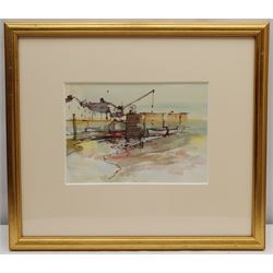 Roland Batchelor RWS (British 1889-1990): 'Pier Guernsey', watercolour and ink unsigned, painted in 1975, 17cm x 24cm 
Provenance: artist's studio; collection of Grant Waters; with Louise Kosman, Edinburgh; then with the Ariel Gallery, Lavenham, where purchased by the vendor