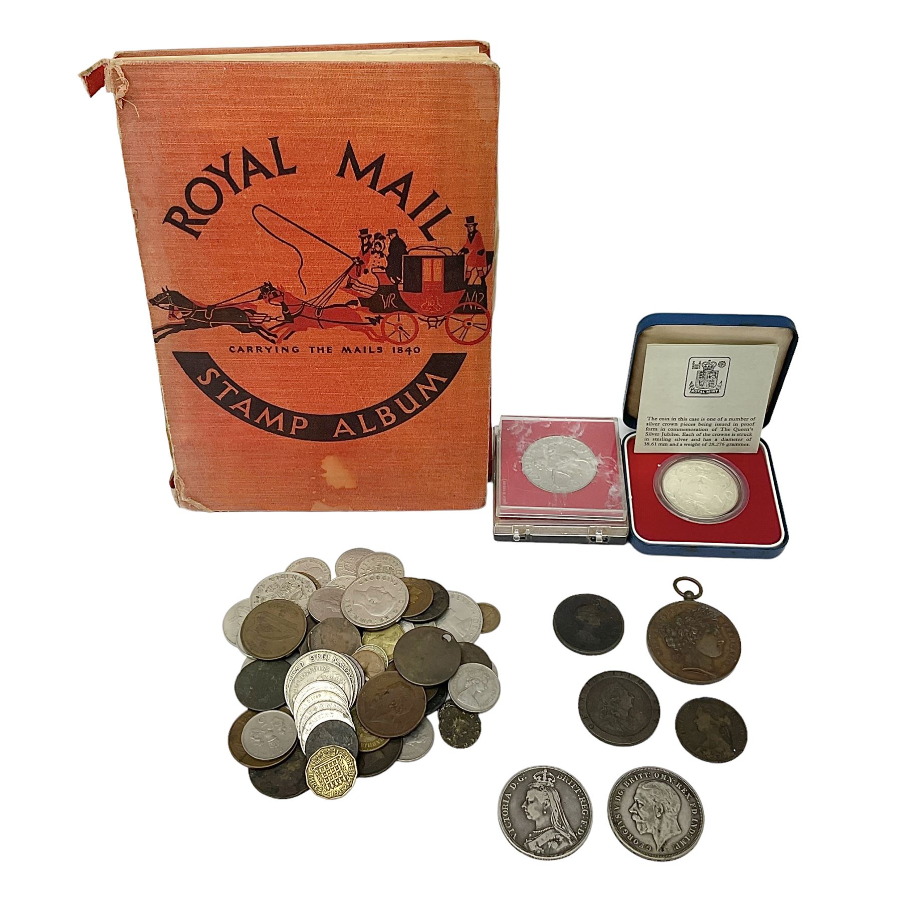 Queen Victoria 1889 crown coin, King George V 1935 crown, Queen Elizabeth II 1977 silver proof crown, small number of Great British pre 1947 silver coins, other pre-decimal coinage, World stamps including Argentina, Australia, Belgium, Canada, France, Germany etc 