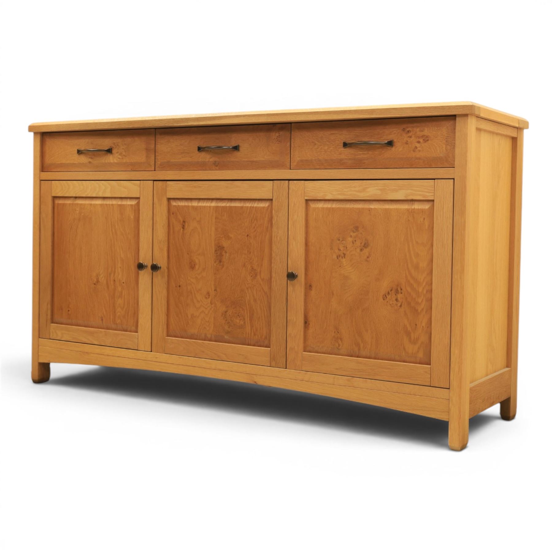 Contemporary light oak sideboard, three cupboards and three soft close drawers