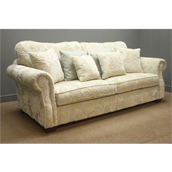 Rodgers of York pair three seat sofas upholstered in embossed fabric with scatter cushions, W225cm  