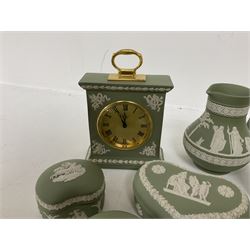 Group of Wedgwood sage green Jasperware, to include jug, vases, lidded boxes, dishes etc