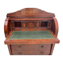 Italian inlaid walnut roll top desk, cylinder slide revealing fitted interior, retractable writing surface, three drawers