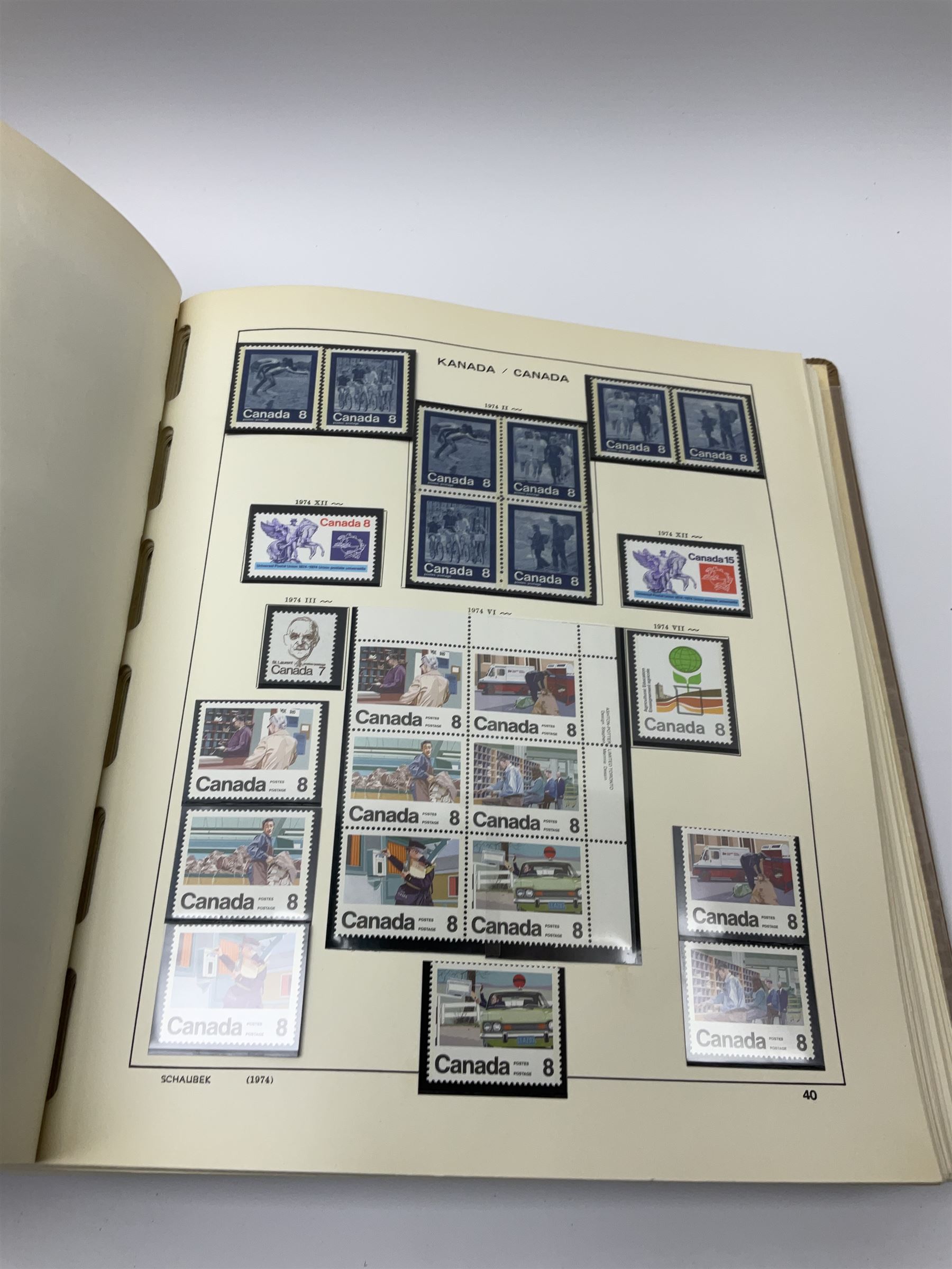 Collection of mostly mint Canadian stamps from 1952 onwards, including some higher values, housed in a 'Schaubek Briefmarken Album Nr944 Kanada' 