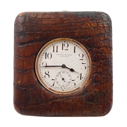 Swiss Goliath nickle cased pocket watch, movement stamped 7032, retailed by Hamilton & Inches, Edinburgh, with crocodile effect leather fitted case also by Hamilton & Inches 