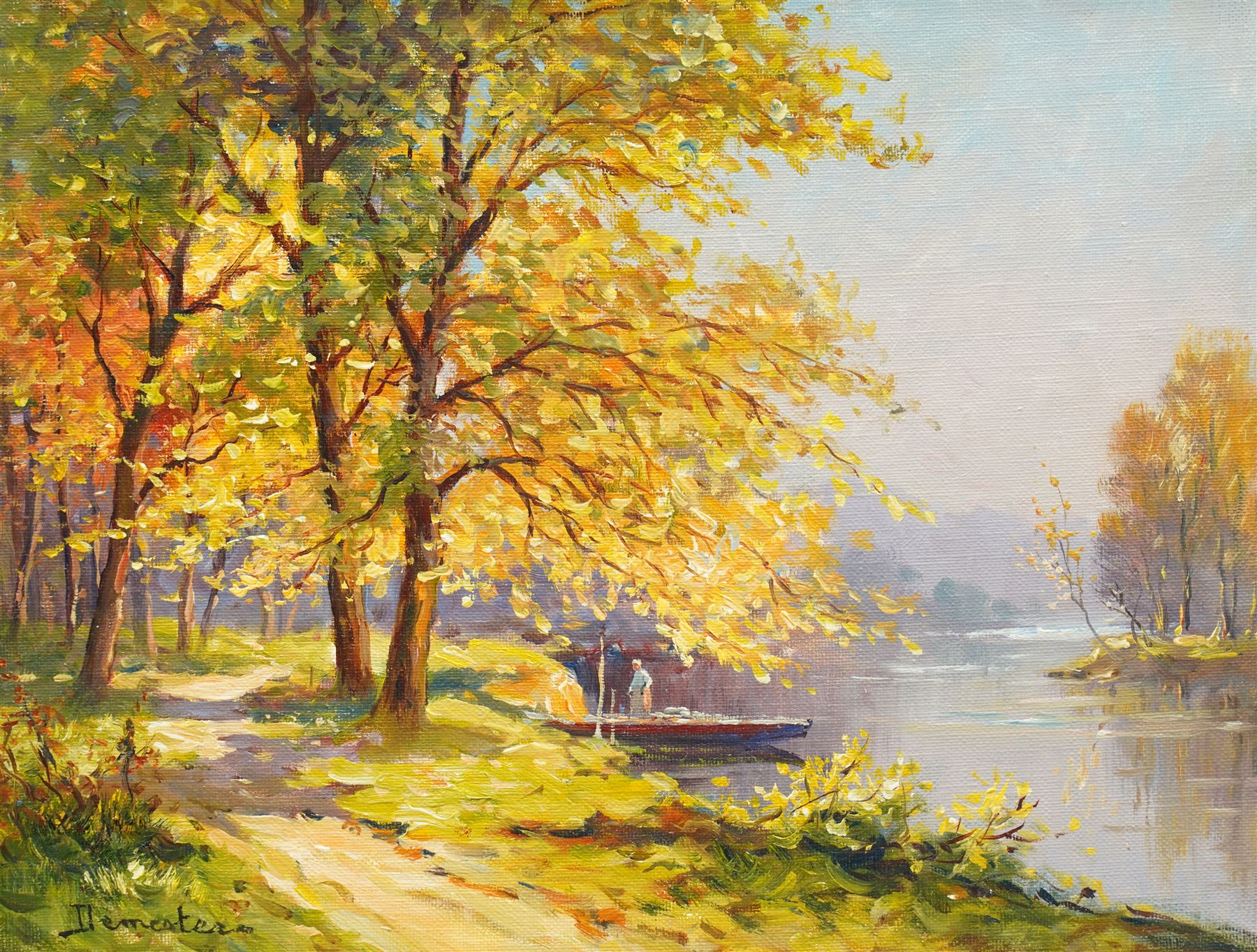 Eugene Demester (French 1914-1984): Autumnal Lakeside Landscape, oil on canvas signed 26cm x 34cm