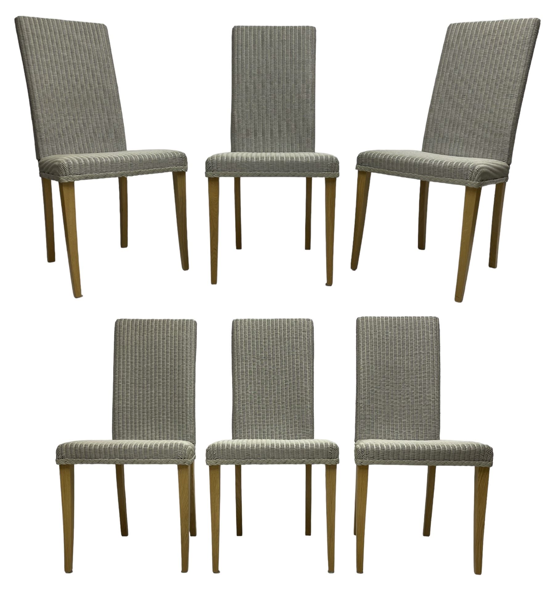 Lloyd Loom - set of six 'Maybourne' slate painted high back wicker dining chairs, raised on light oak square tapering supports