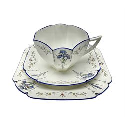 1920s Shelley Queen Anne shaped trio, decorated in the Blue Iris pattern no. 11561, ith printed mark beneath 
