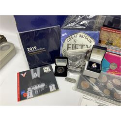 Commemorative and other coinage, including various Queen Elizabeth II 'London 2012 sports collection' fifty pence coins on cards, commemorative crowns, Millennium 2000 'Time Capsule' coin set, channel islands old round one pound coins, part sets etc