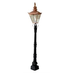 Victorian style cast iron street lamp post, with copper and glass lantern top