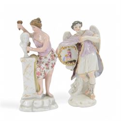 Six continental classical figures, including two French examples Janvier and Jun depicting winged figures holding a painted zodiac sign, with spurious marks beneath, tallest H17cm