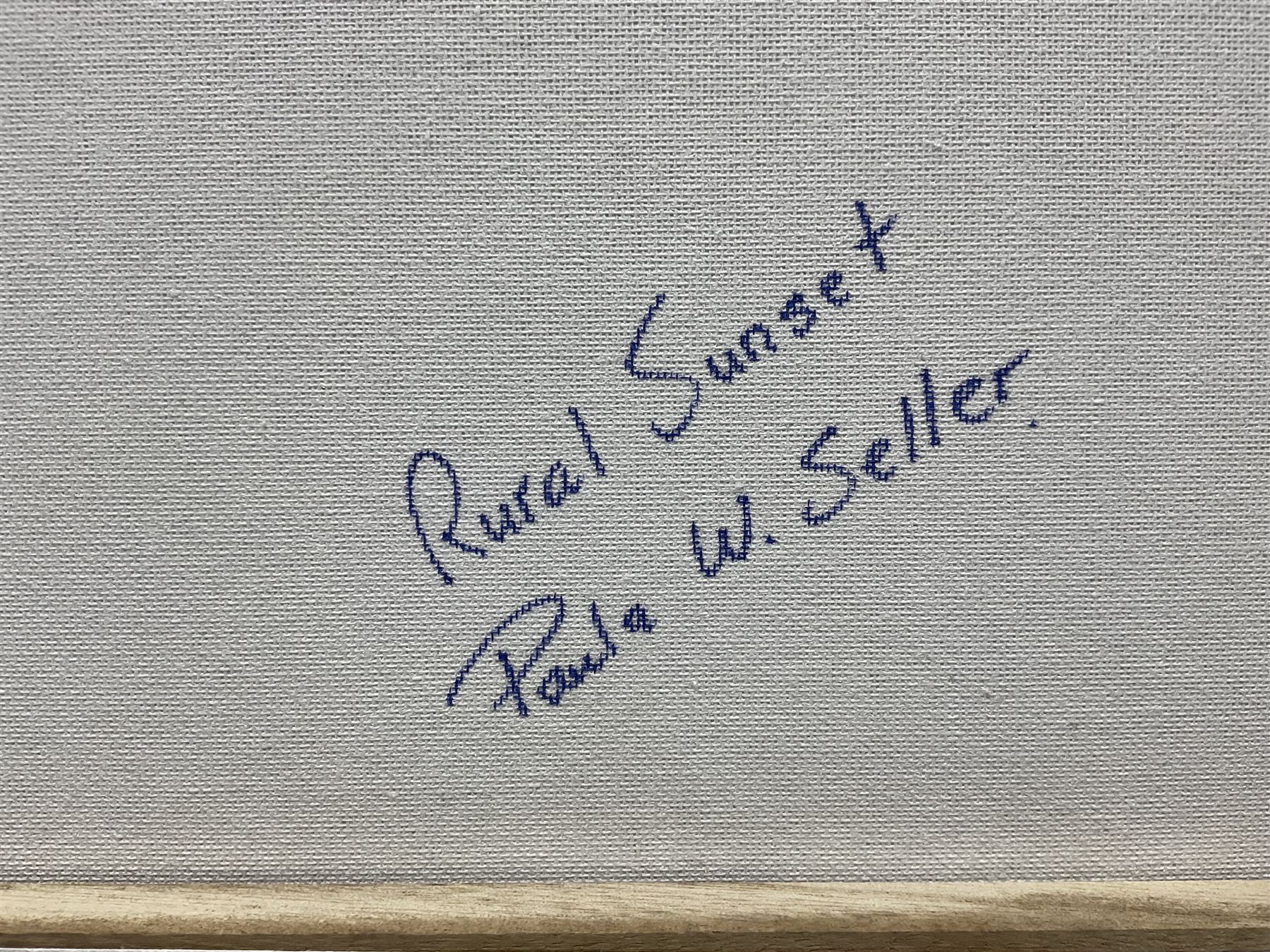 Paula Seller (Northern British Contemporary): 'Rural Sunset', acrylic on canvas signed with monogram and dated 2021, titled verso 41cm x 51cm (unframed)