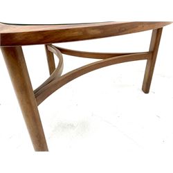 Nathan teak coffee table, inset glass top, turned supports joined by shaped stretchers
