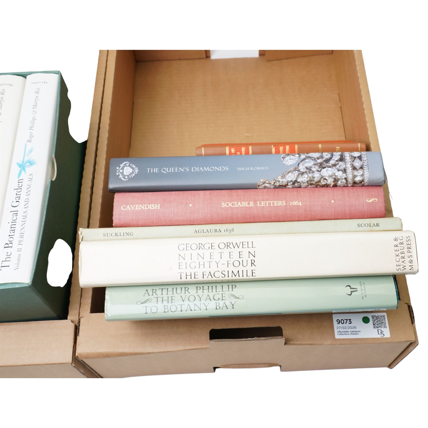 George Orwell - Nineteen Eighty Four' the facsimile copy 1984, other facsimile volumes including 'The Voyage to Botany Bay', 'Sociable Letters 1664', other books including 'The Botanical Garden' two volumes in slip case, 'The Queen's Diamonds' etc in two boxes