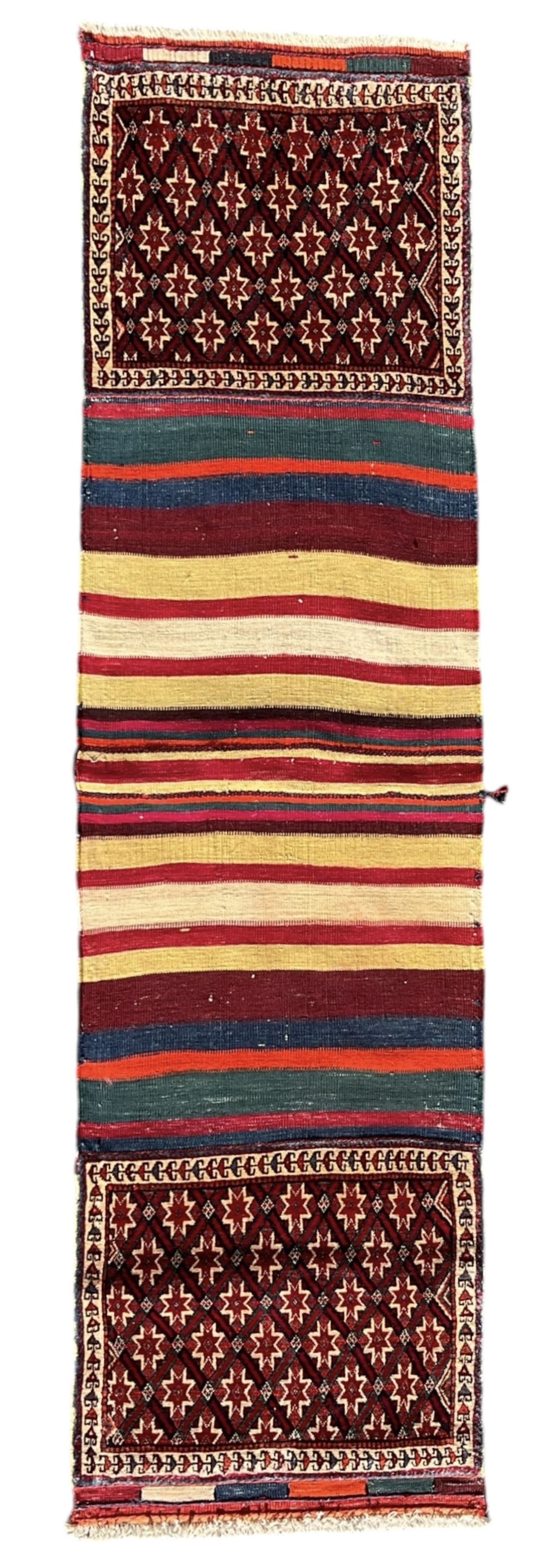 Southwest Persian Qashqai saddle bag, red and ivory ground with diamond-shaped star motifs in the top and bottom panels, central field decorated with alternating horizontal stripes