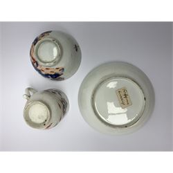 Late 18th Century Lowestoft coffee cup and saucer, circa 1870, decorated in the Dolls House pattern, together with an 18th century tea bowl, probably Lowestoft Redgrave pattern, (3) 