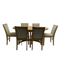 Contemporary light oak oval extending dining table, shaped X-frame base (W160cm D102cm); and set of six light oak dining chairs, back and seat upholstered in textured pebble cream fabric (W50cm H90cm)