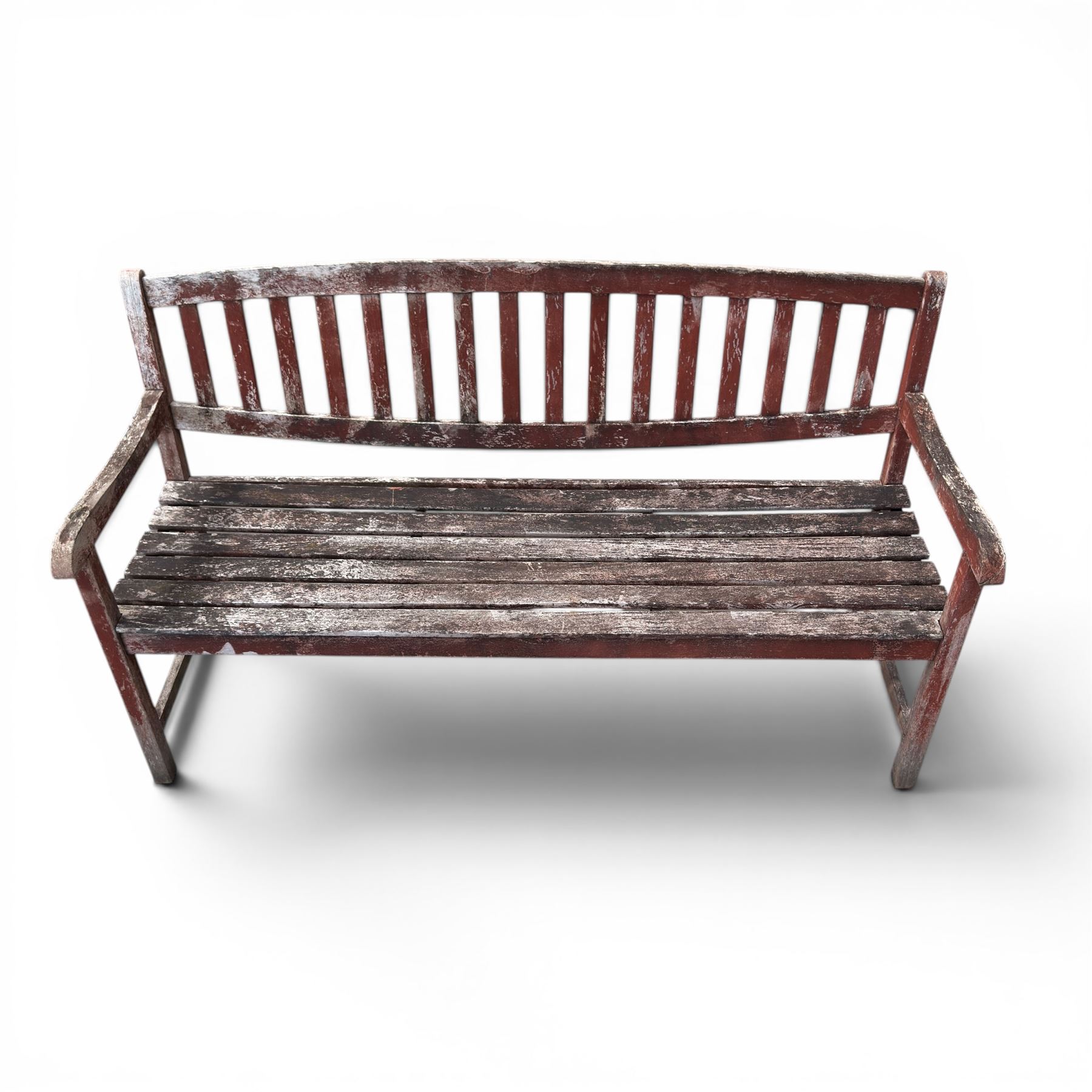 Teak garden bench, with slatted seat and spindle back, shaped armrests, finished in weathered red painted finish.