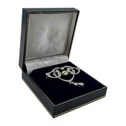 Silver peridot and cubic zirconia brooch, boxed